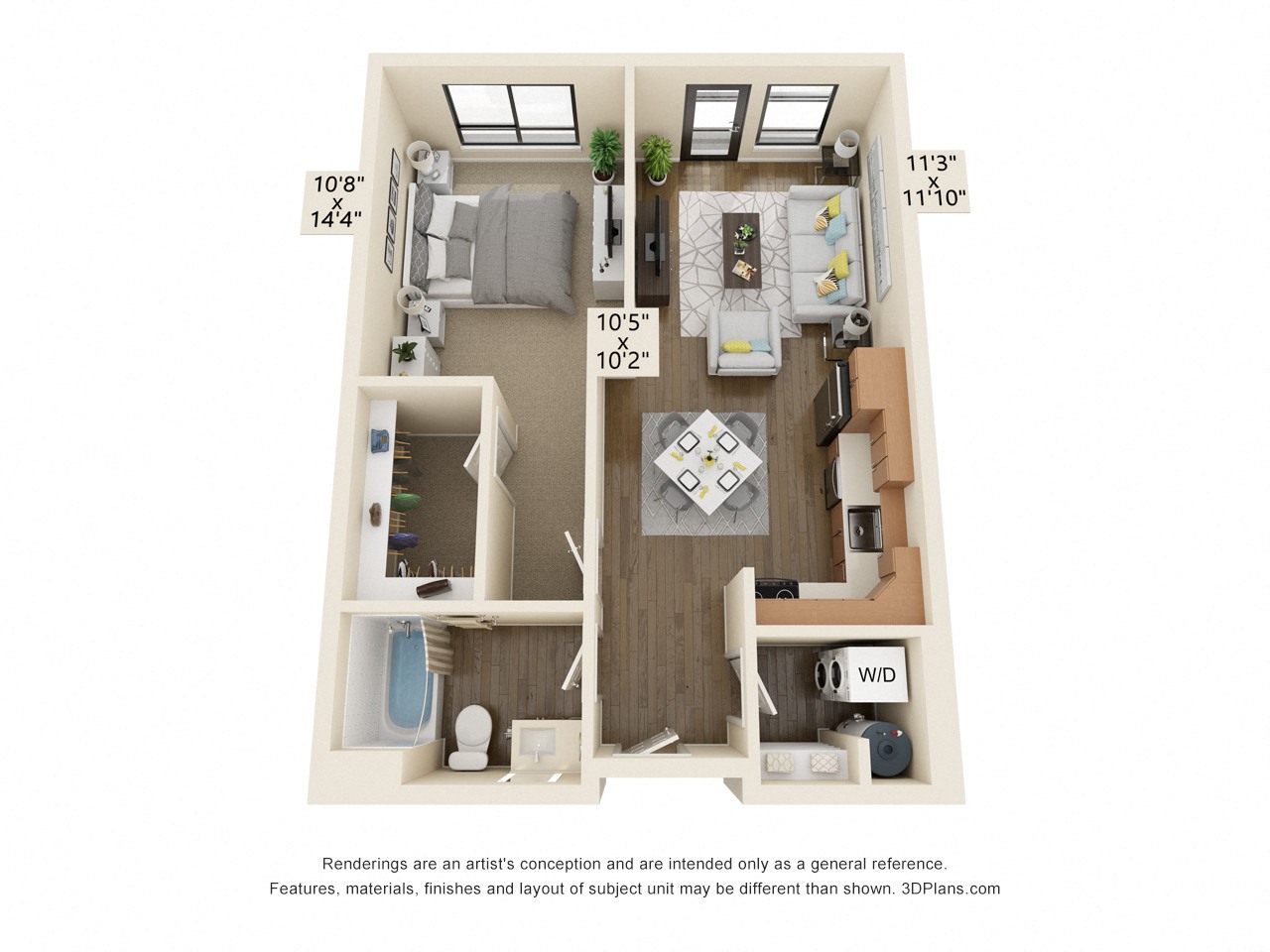Floor plan for 1 bed, 1 bath, 648 sqft
